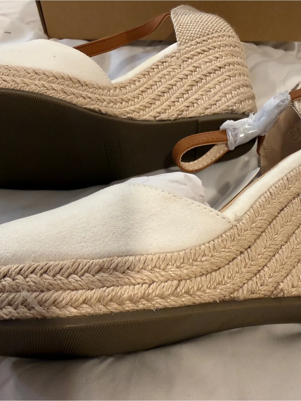 Women’s White Espadrille Wedge Sandals with Tan Ankle Strap